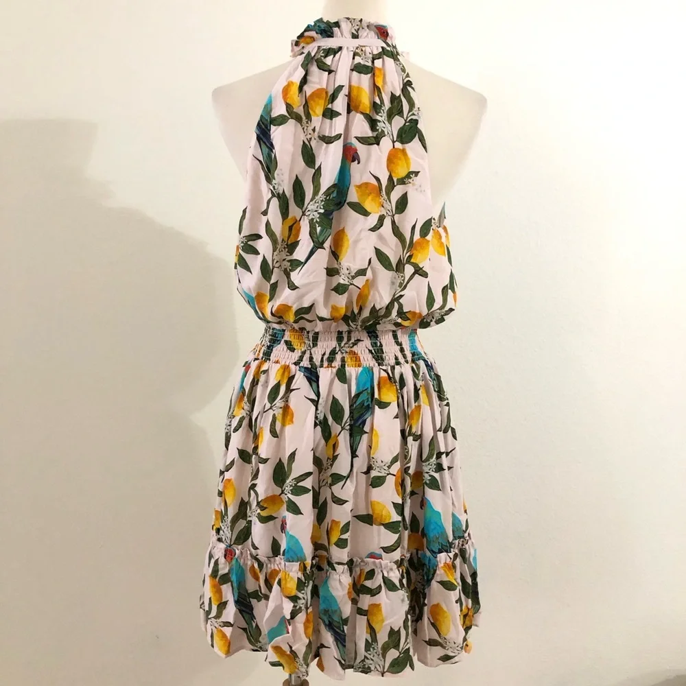 Nicoblu Halter Dress with Tropical Parrot Lemon Print Size Small - Picture 6 of 7